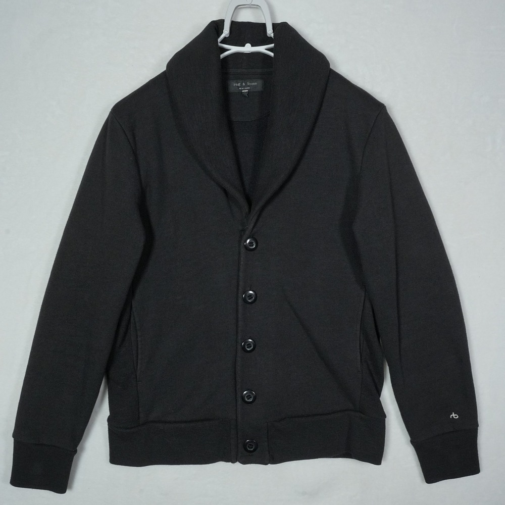 Rag & Bone Mens Black Shawl Collar Wool Blend Cardigan Sweater L Elbow Patches